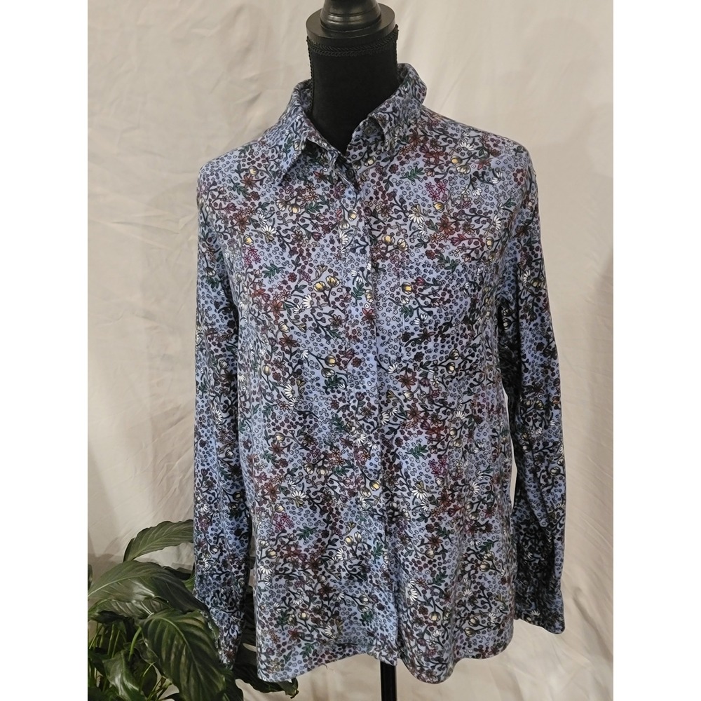 Lands End Womens Floral Button Up Shirt Long Sleeve Blue Size 6T Tall